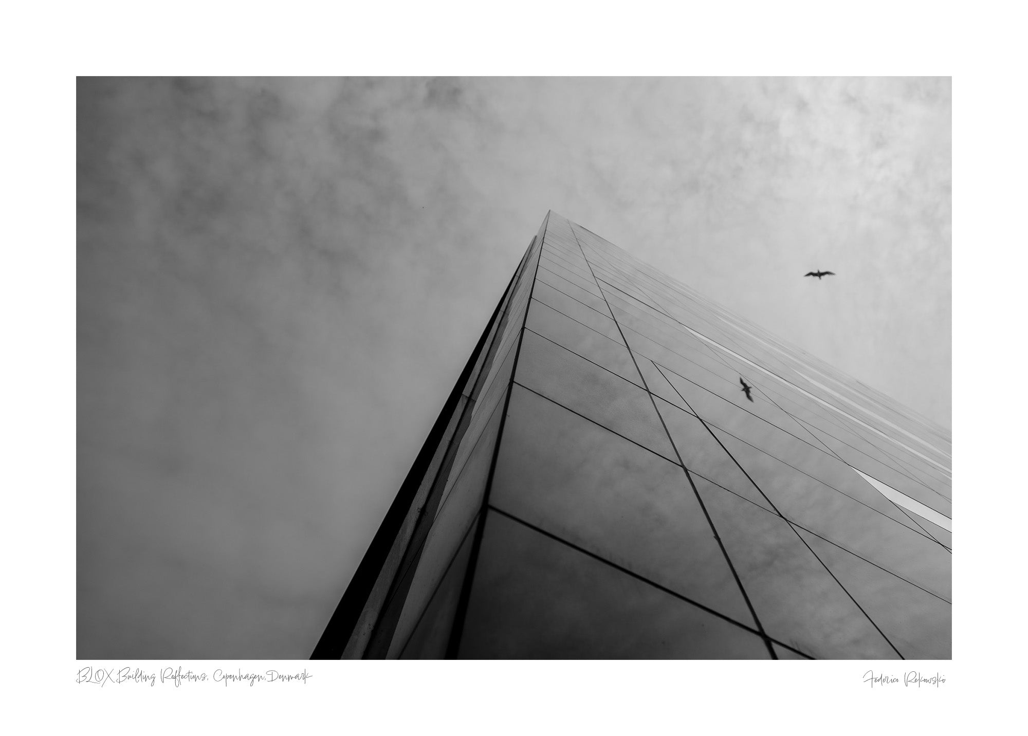 Black and white photograph of the BLOX building in Copenhagen with a bird flying overhead and reflections on the glass facade.