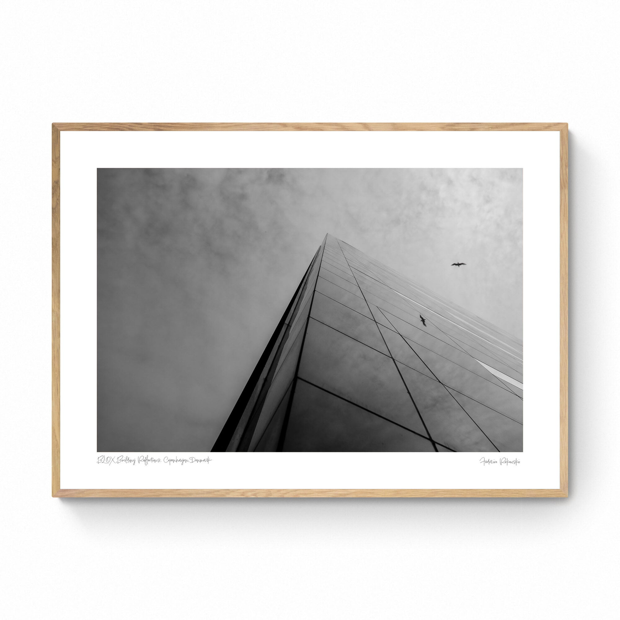 Black and white photograph of the BLOX building in Copenhagen with a bird flying overhead and reflections on the glass facade.