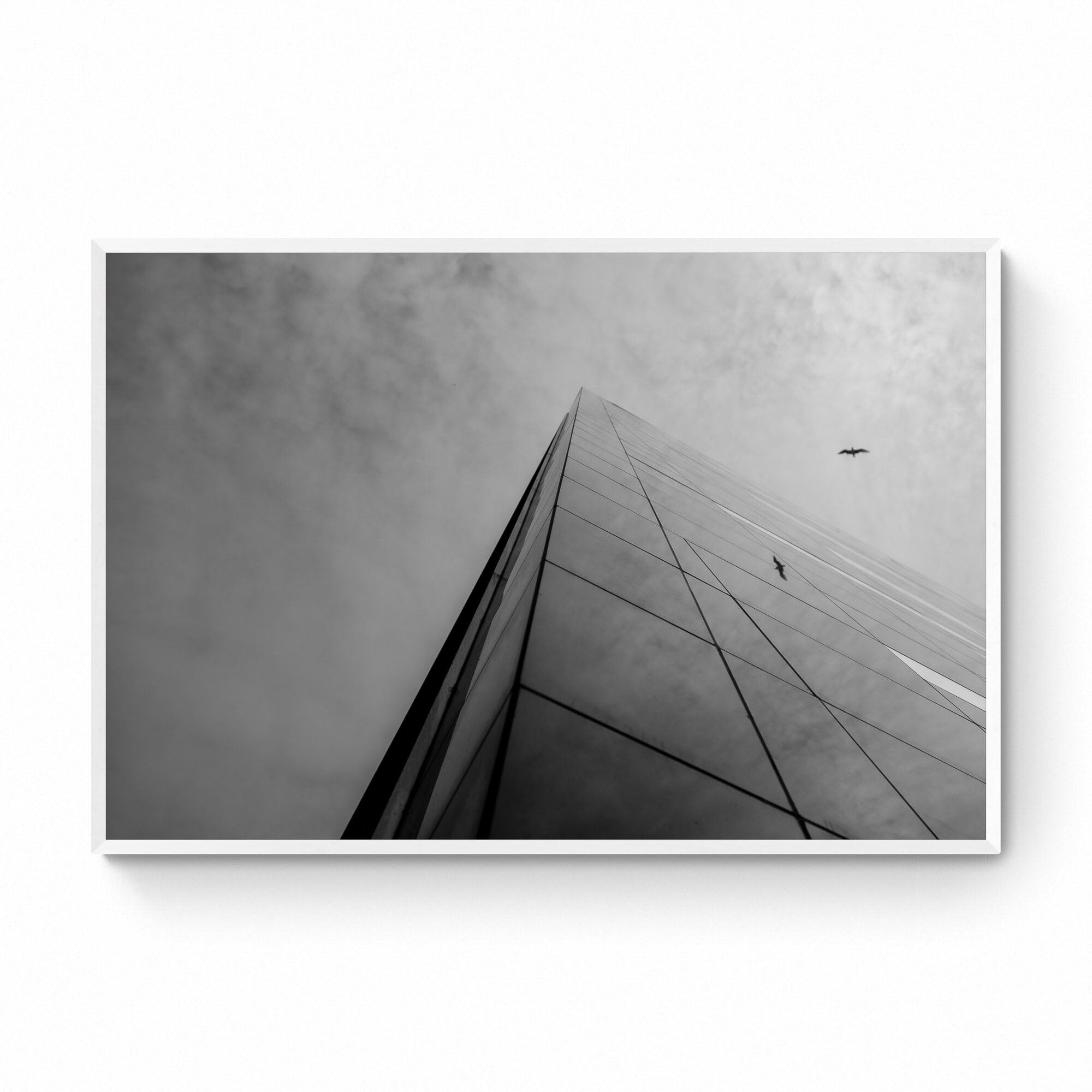 Black and white photograph of the BLOX building in Copenhagen with a bird flying overhead and reflections on the glass facade.