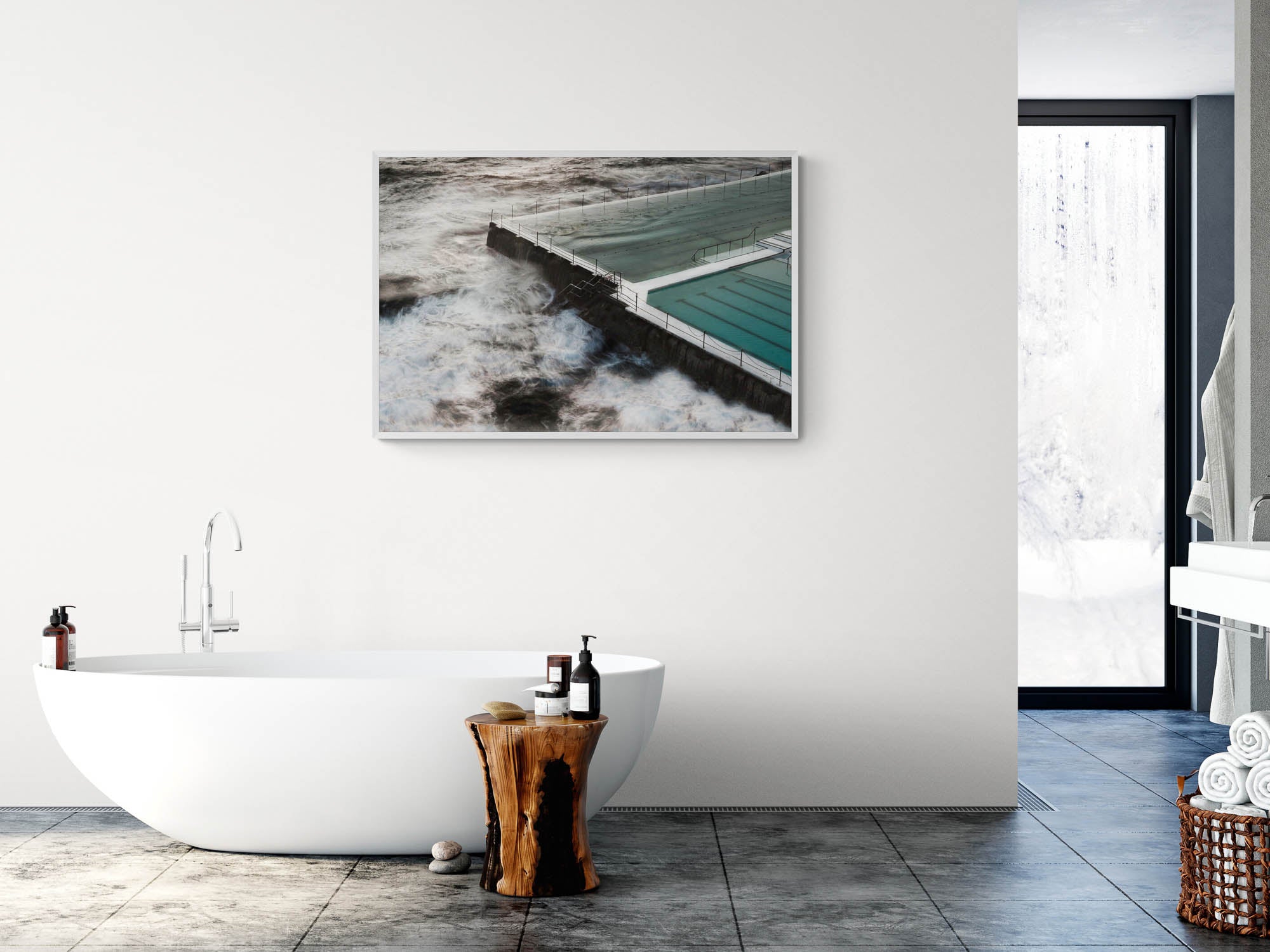 Long exposure of the Bondi Rock Pool in Sydney, with swirling ocean waves surrounding the calm waters of the pool.