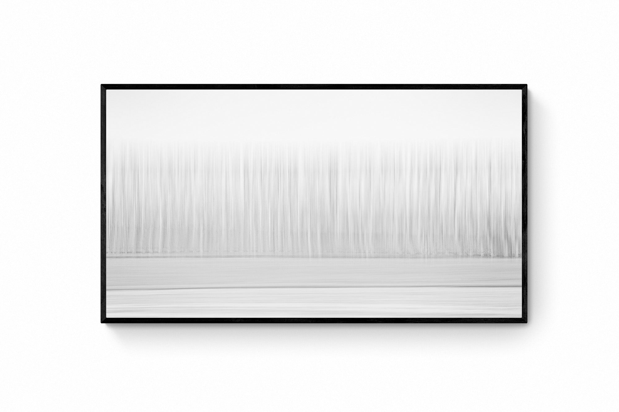 Abstract minimalist representation of a forest in Christchurch, New Zealand, with tree-like vertical lines in a gradient of white to gray.