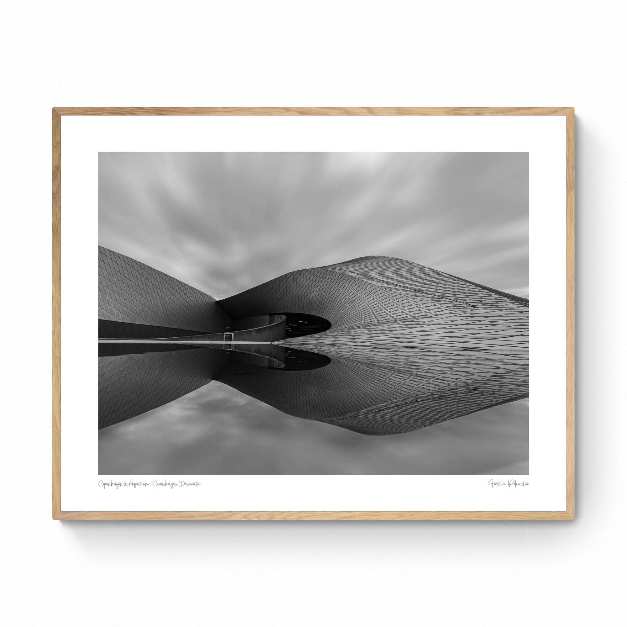 Black and white image of The Blue Planet Aquarium in Copenhagen with its reflective, wavy facade against a blurred sky.