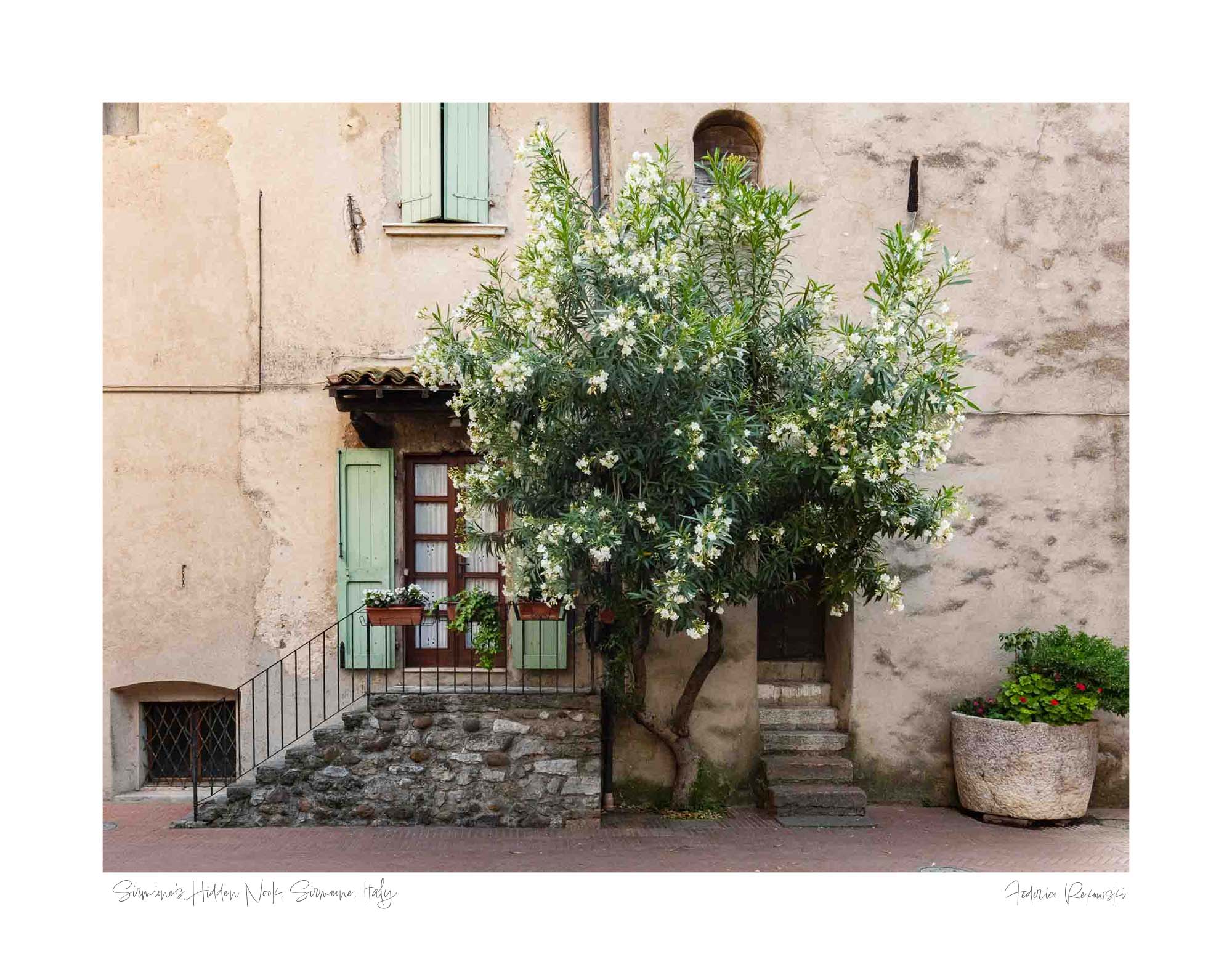 Quaint Italian house with a flowering oleander tree, stone steps, green shutters, and a large potted plant in Sirmione, Italy.