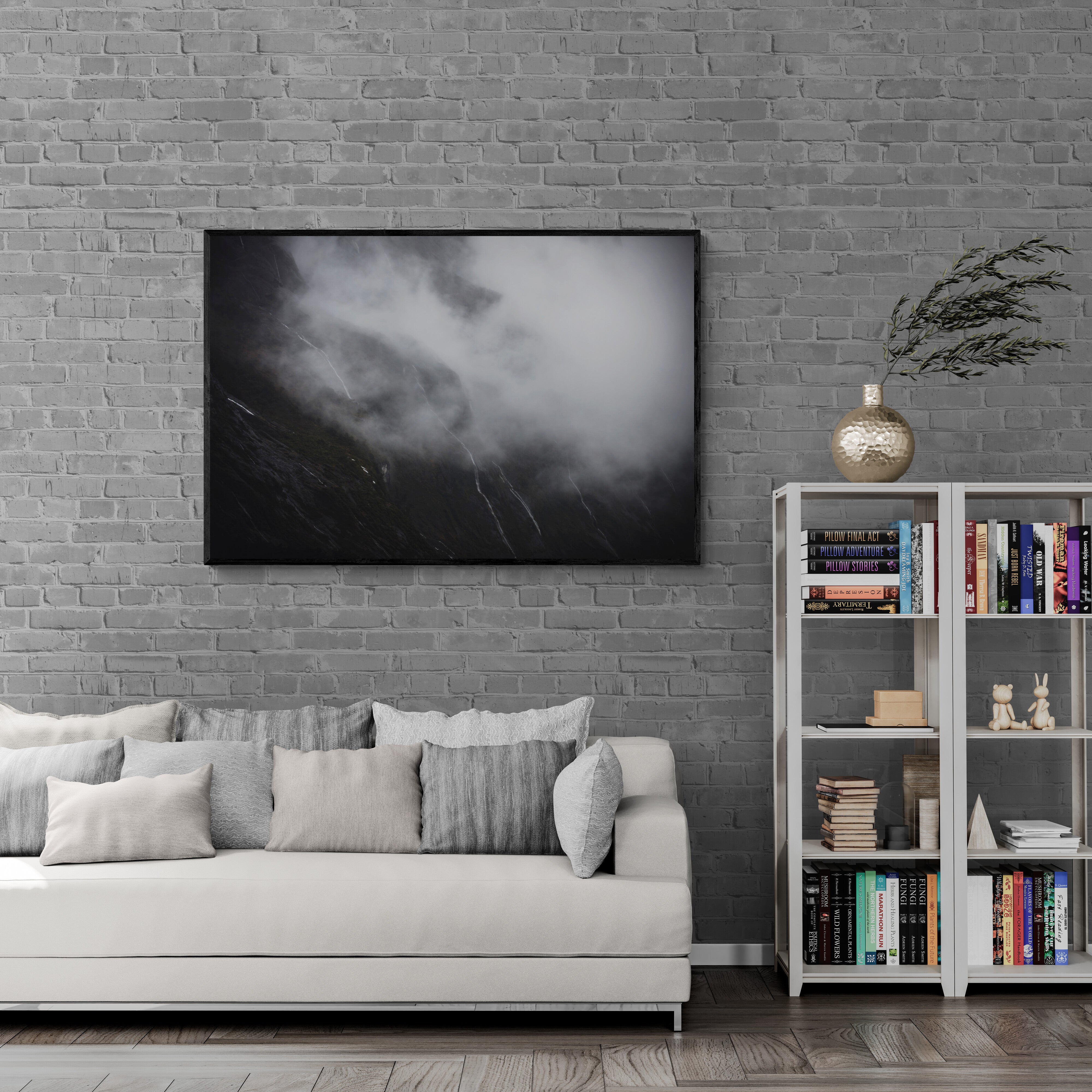 Photograph titled 'Tears of the Sound' showing misty waterfalls on the cliffs of Milford Sound, New Zealand, resembling tears against a somber backdrop.