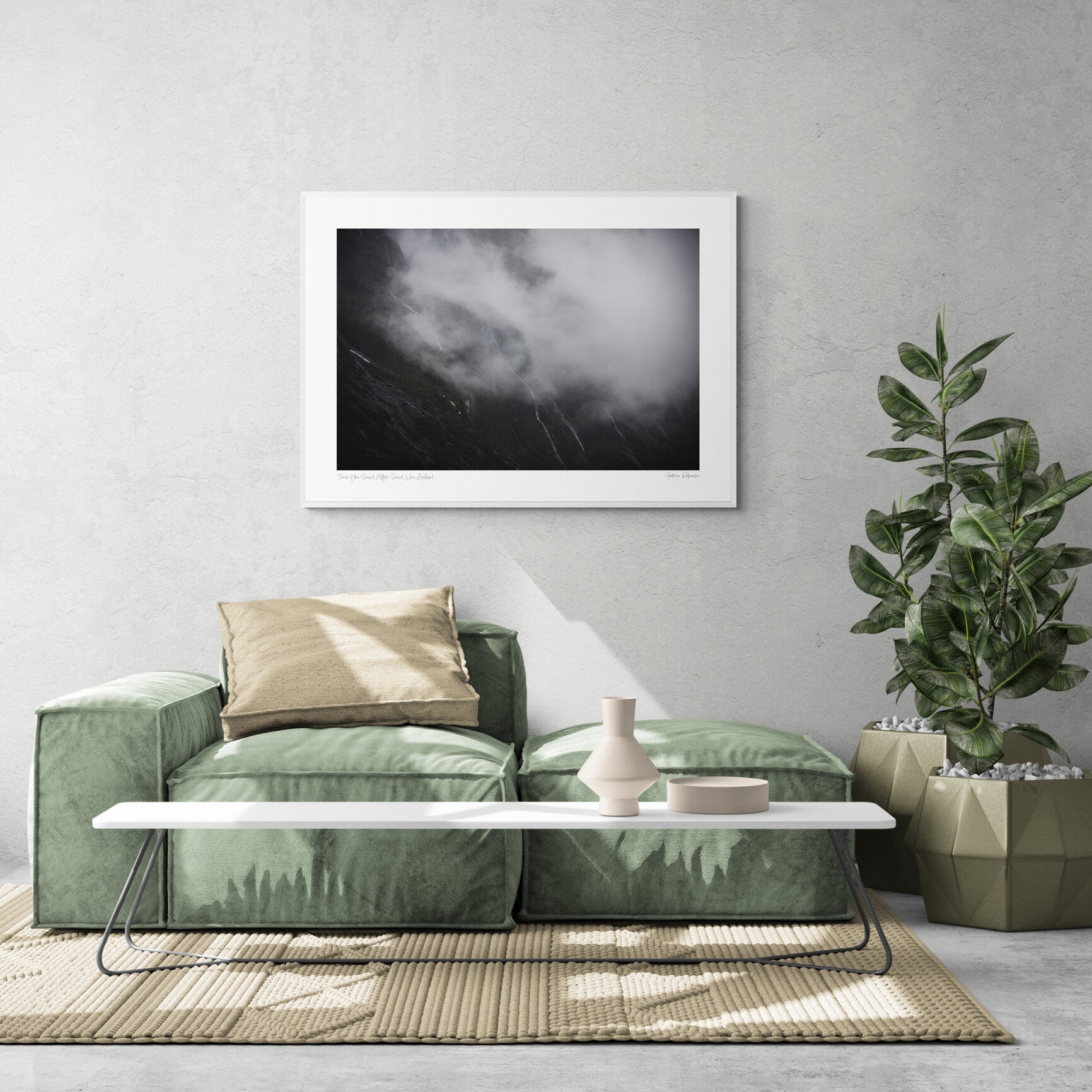 Photograph titled 'Tears of the Sound' showing misty waterfalls on the cliffs of Milford Sound, New Zealand, resembling tears against a somber backdrop.