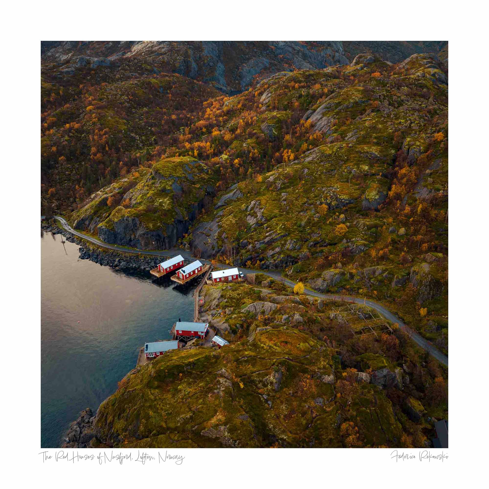 Aerial view of traditional red Norwegian cabins by the rocky shore of Nusfjord, Lofoten, amidst autumn-colored vegetation.