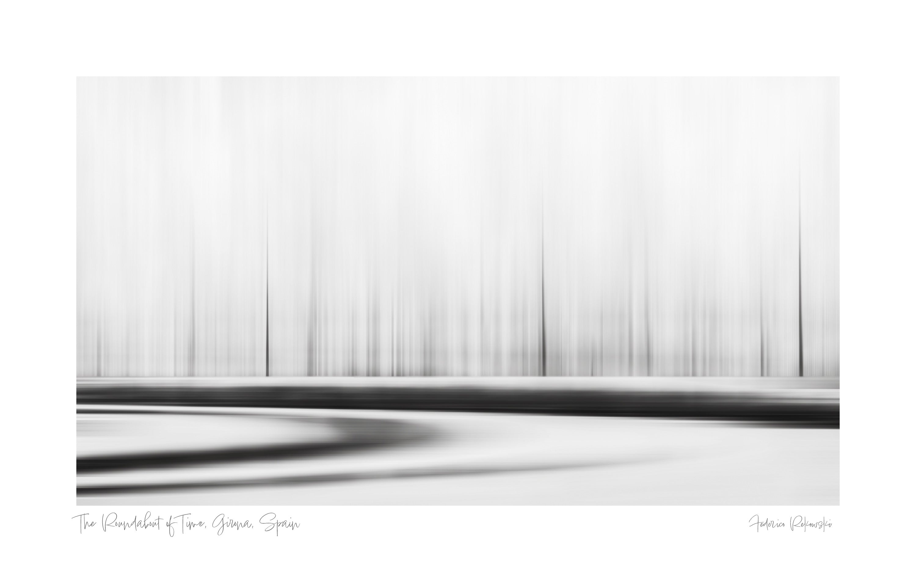 "Minimalist black and white photo of a roundabout, symbolizing the endless passage of time."